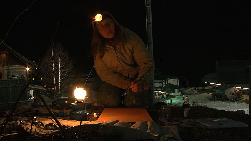 Silke Silkeborg paints Nachtpiste at Semmering, Lower Austria